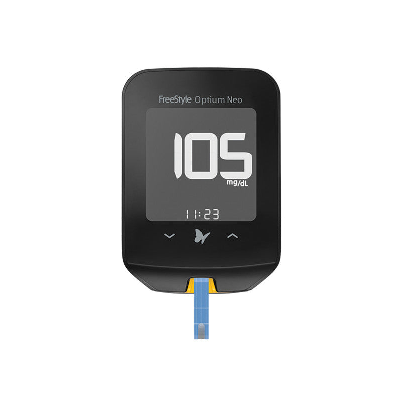 Glucómetro FreeStyle Optium Neo H de Beracah Medica con pantalla digital y control de niveles de glucosa en sangre.