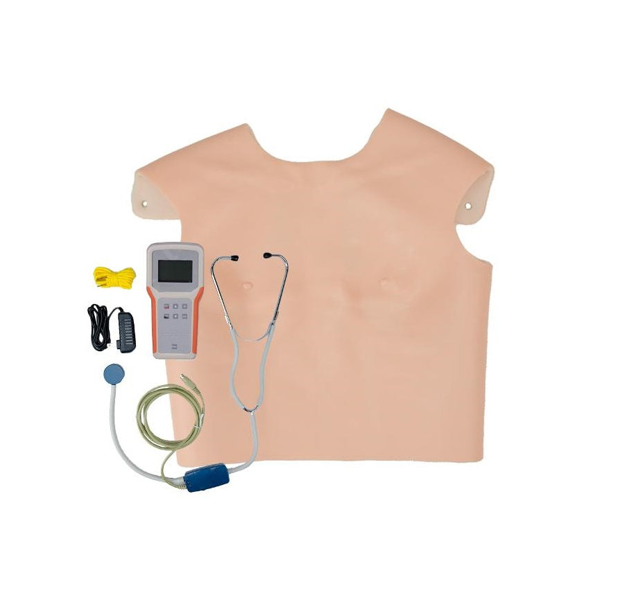 Chaleco para auscultación con sonidos cardio pulmonares, simulador de entrenamiento de Beracah Medica, muestra detalles del equipo.