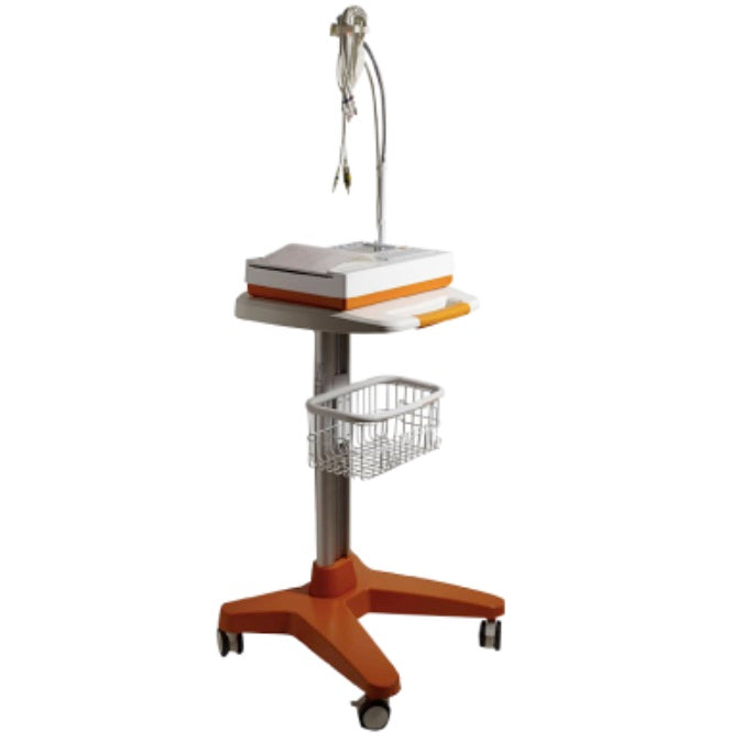 Carro hospitalario Beracah Medica para ECG200 L/S/+ con estructura metálica y ruedas para transporte médico eficiente.