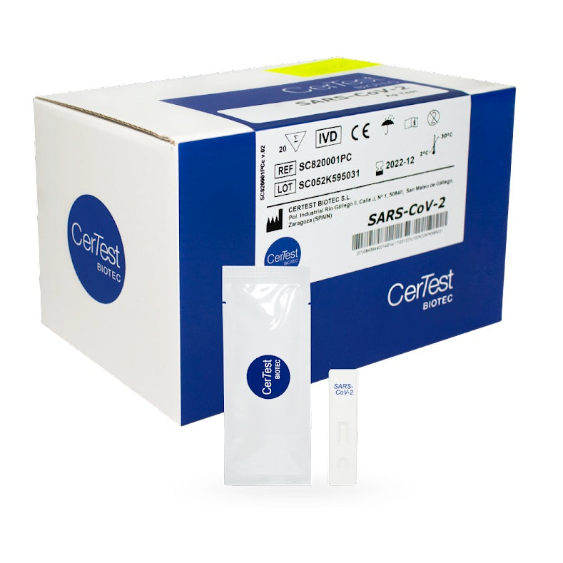Prueba rápida de covid nasofaríngea de Beracah Médica, caja con 20 pruebas para detección de SARS-CoV-2 Ag.