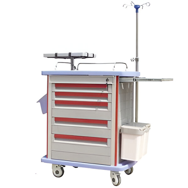 Carro rojo para emergencias de plástico ABS con 5 cajones, tamaño 85x52x95 cm, para central de enfermeras.