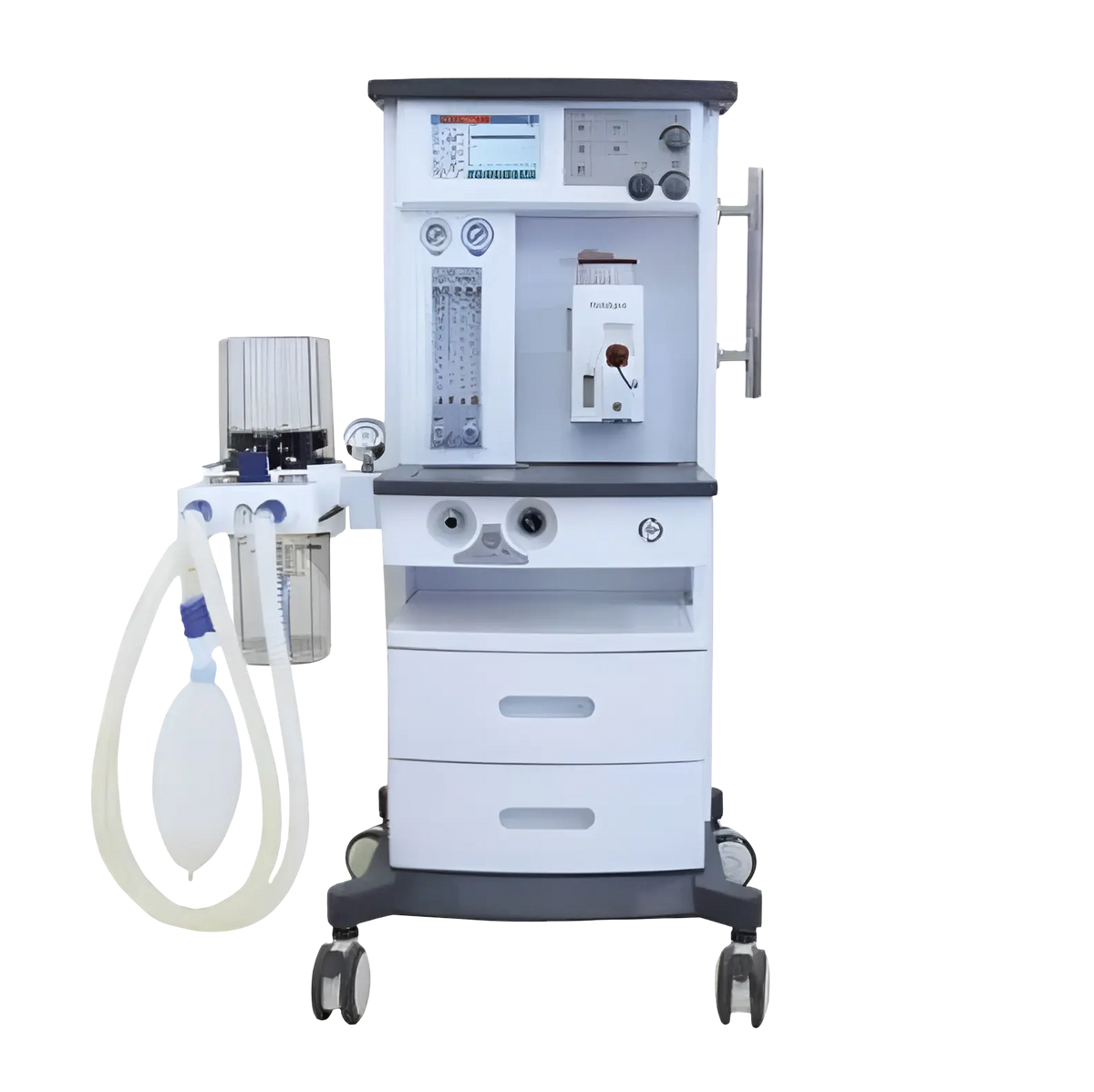 Aparato de anestesia Beracah Medica RAM-100ll con controles y pantallas, utilizado en procedimientos médicos.