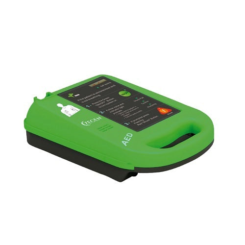 Desfibrilador automático Beracah Medica AED7000 con pantalla y cables, listo para emergencias médicas.