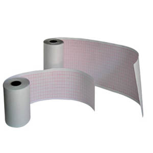 Papel para ECG Beracah Medica de 21.4cm x 30m, paquete con 3 rollos para electrocardiógrafo de 12 canales, imagen en blanco y negro.