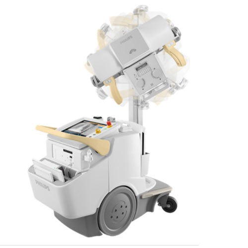 Imagen de un equipo de Rayos X móvil digital MobileDiagnost wDR 20 Kw de Beracah Medica, con pantalla y brazos articulados.