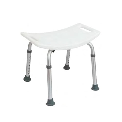 Banco de ducha ajustable de 35 a 53 cm sin respaldo de la marca Beracah Medica, con superficie antideslizante y estructura de acero resistente.