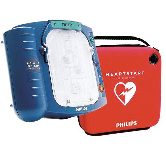 Desfibrilador externo automático AED HeartStart HS1 Onsite de Beracah Medica, con pantalla y botones para uso en emergencias médicas.
