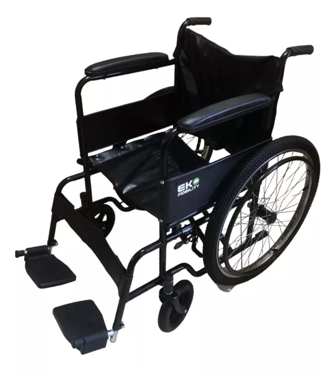 Silla de ruedas neumática fija de acero de 20 pulgadas en color negro, con marco resistente y ruedas robustas.