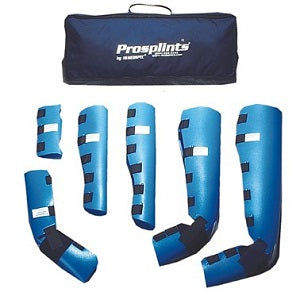 Ferula azul de la marca Beracah Médica, kit completo de inmovilización para extremidades con varias piezas.