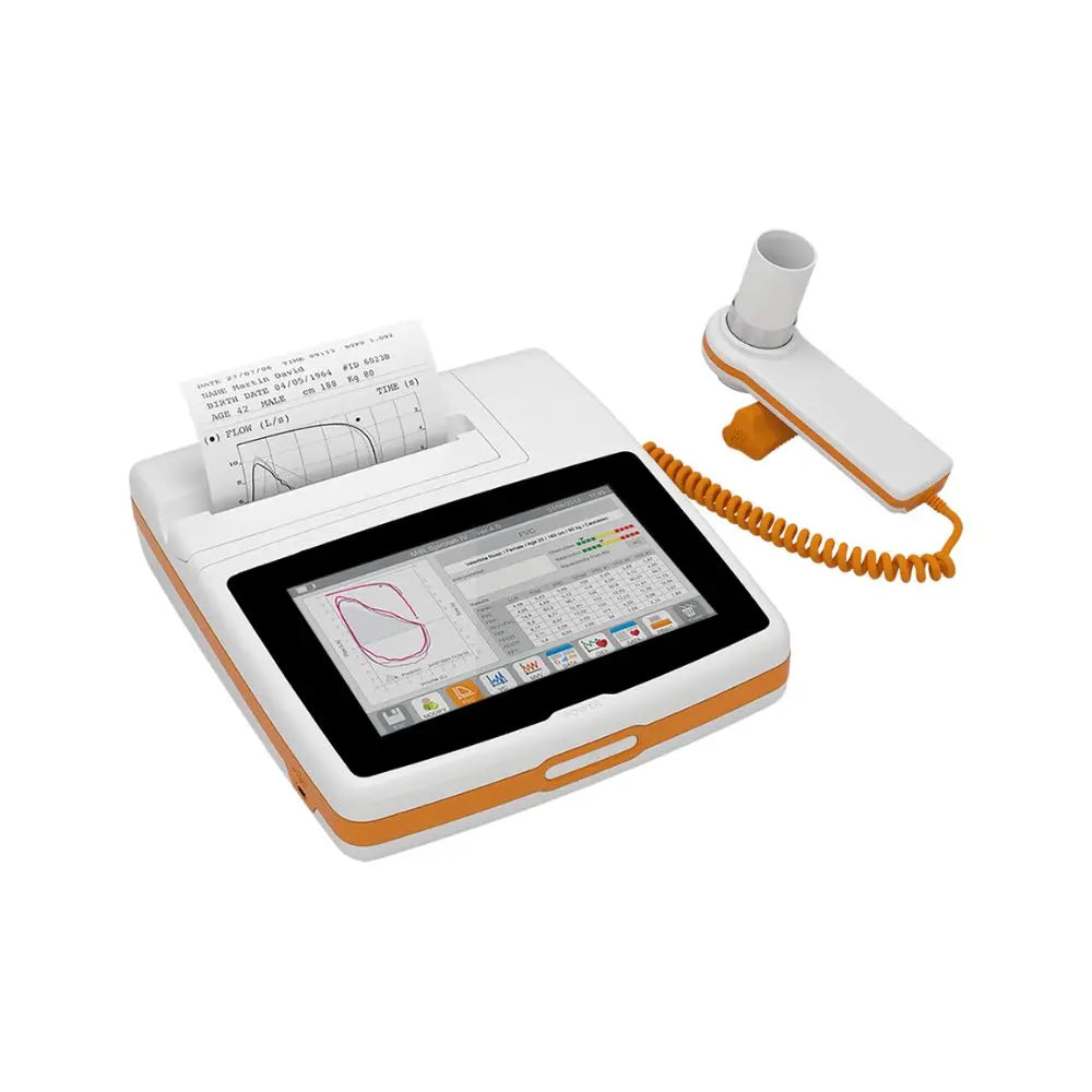Espirómetro de mesa Beracah Medica con pantalla a color e impresora, usado para pruebas de función pulmonar con oximetro incluido.