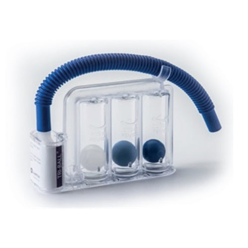 Inspirometro incentivo TRI-BALL de 1200cc de la marca Beracah Medica, con tubos y medidor para pruebas respiratorias.