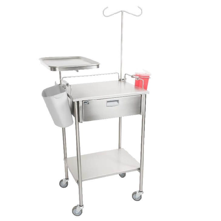 Mesa Pasteur MSI de Beracah Médica con cajón esmaltado y acabado cromado, accesorios incluidos, modelo Integra.