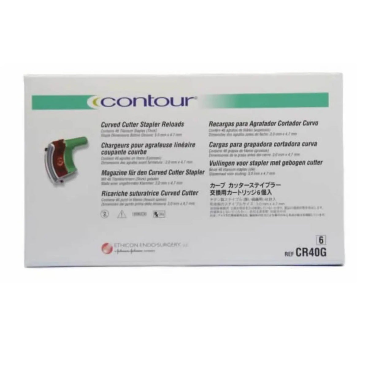 Recargas de grapadora de corte curvo CONTOUR® de Beracah Medica, accesorios para engrampadoras, en color y tamaño visibles en la imagen.