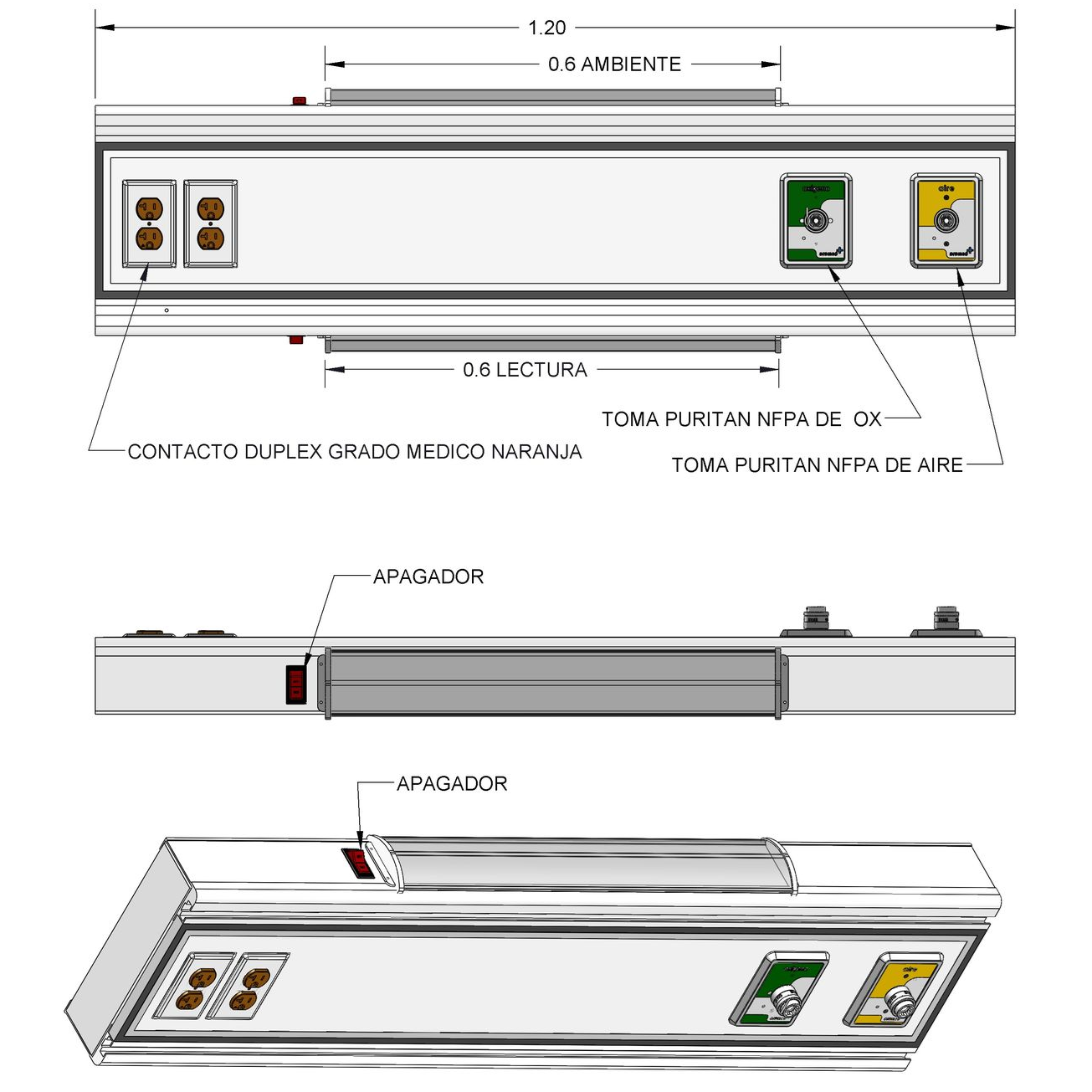 Consola de 120 cm con riel con porta-equipo y portavenoclisis, iluminacion, con 2 tomas (aire y oxigeno) y 2 contactos duplex