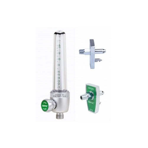 Flujómetro para oxígeno Beracah Medica de 0 a 15L, tipo chemetron, en uso con tubo de oxígeno y manómetro.