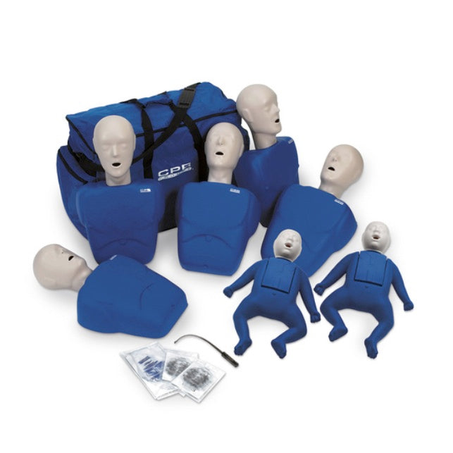 Set de 7 maniquíes para RCP Beracah Medica, 5 adultos y 2 niños, ideales para entrenamiento en reanimación cardiopulmonar.