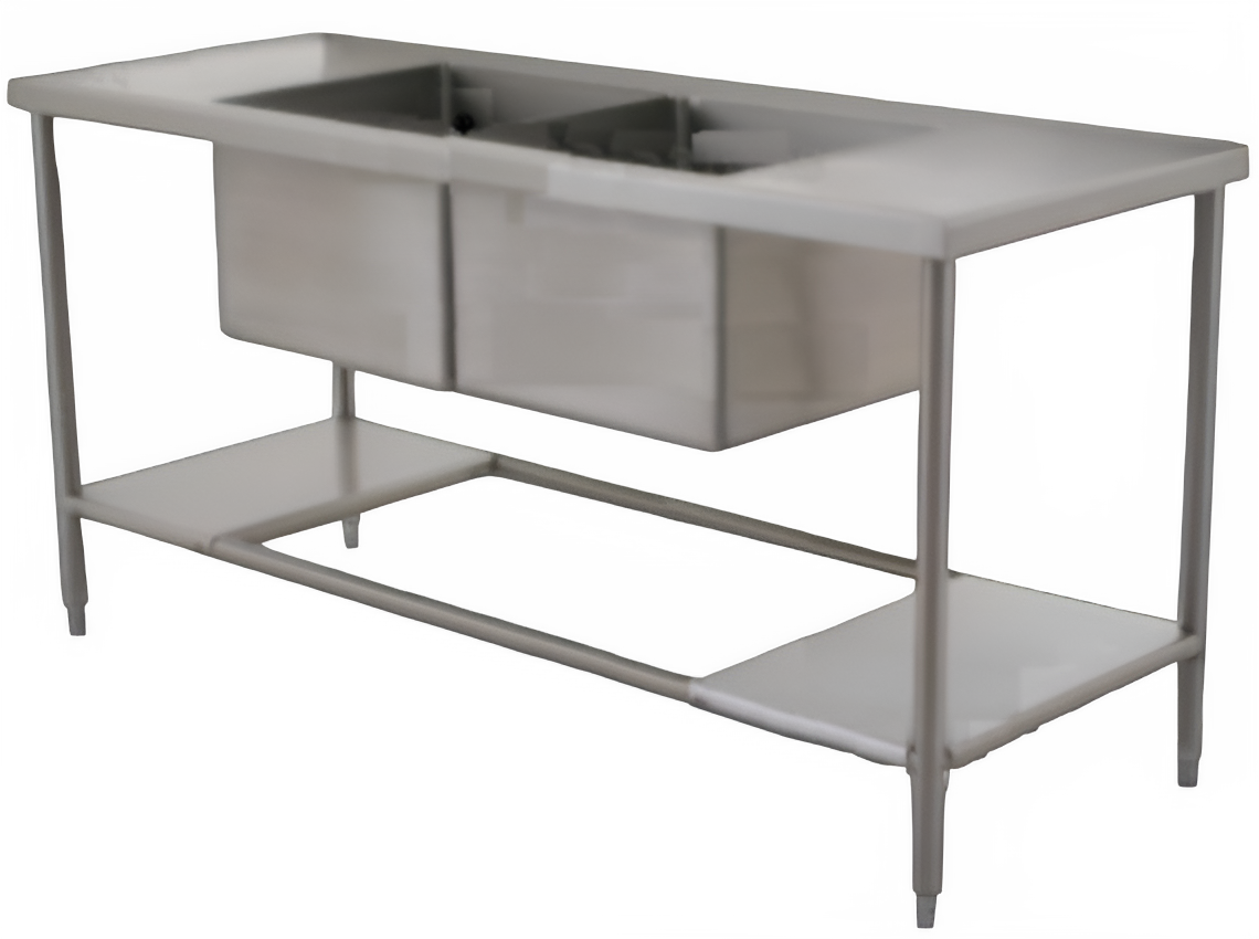 Mesa MSI de 300cm con doble fregadero central de acero inoxidable cal. 18, de Beracah Medica, vista de la superficie y fregaderos.