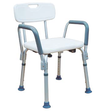 Banco de ducha Beracah Medica con respaldo y descansabrazo de aluminio ajustable en altura, ideal para seguridad y comodidad.