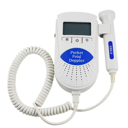 Detectores fetales de bolsillo Beracah Medica con transductor de 2 MHz, mostrando el dispositivo portátil y su pantalla.