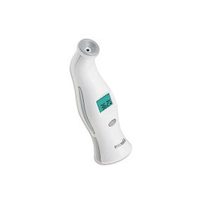 Termómetro digital de frente Beracah Medica con pantalla y alarma, mostrando medición de temperatura facial.