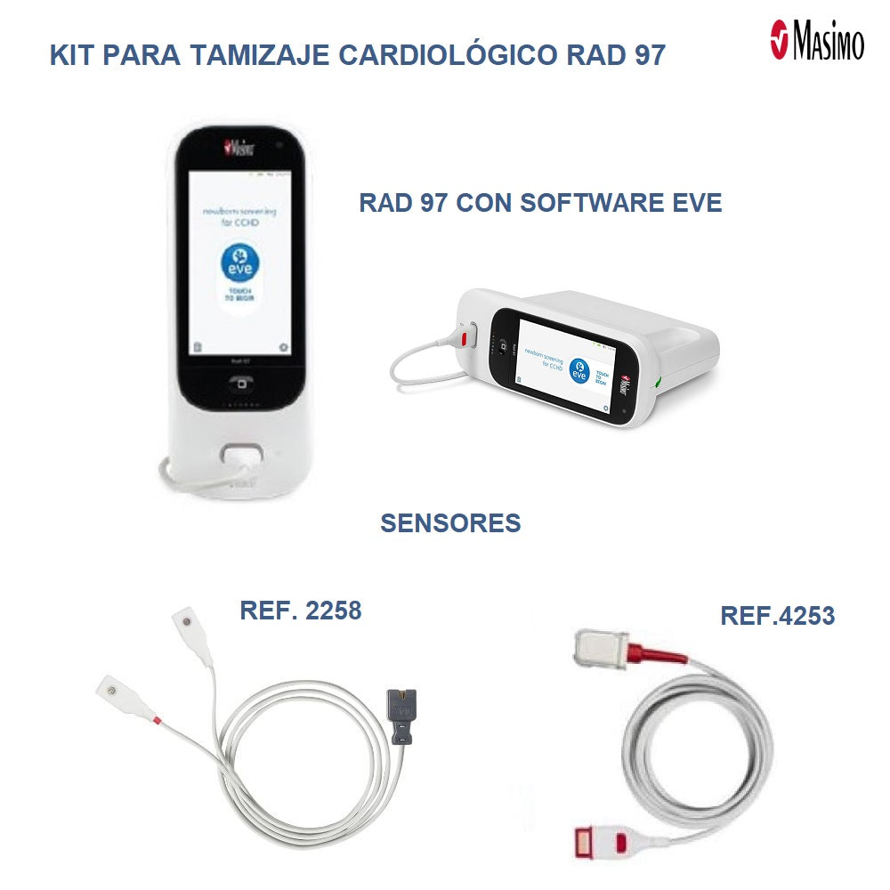 Kit de tamizaje cardiaco neonatal Rad 97 de Beracah Medica, muestra el equipo y sensores para pruebas de salud en recién nacidos.