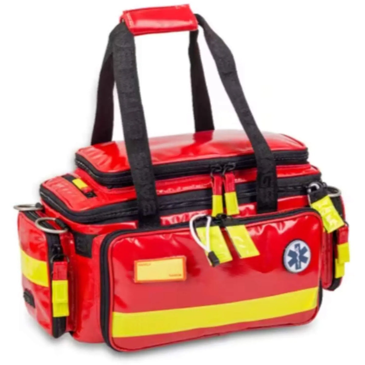 Mochila de emergencias soporte vital básico Mod. Extreme con tarpaulin rojo y compartimentos para equipo médico, de marca Beracah Medica.