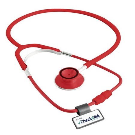 Estetoscopio doble para adultos de color rojo de la marca Beracah Medica, con diagrama en la cabeza y tubo flexible.