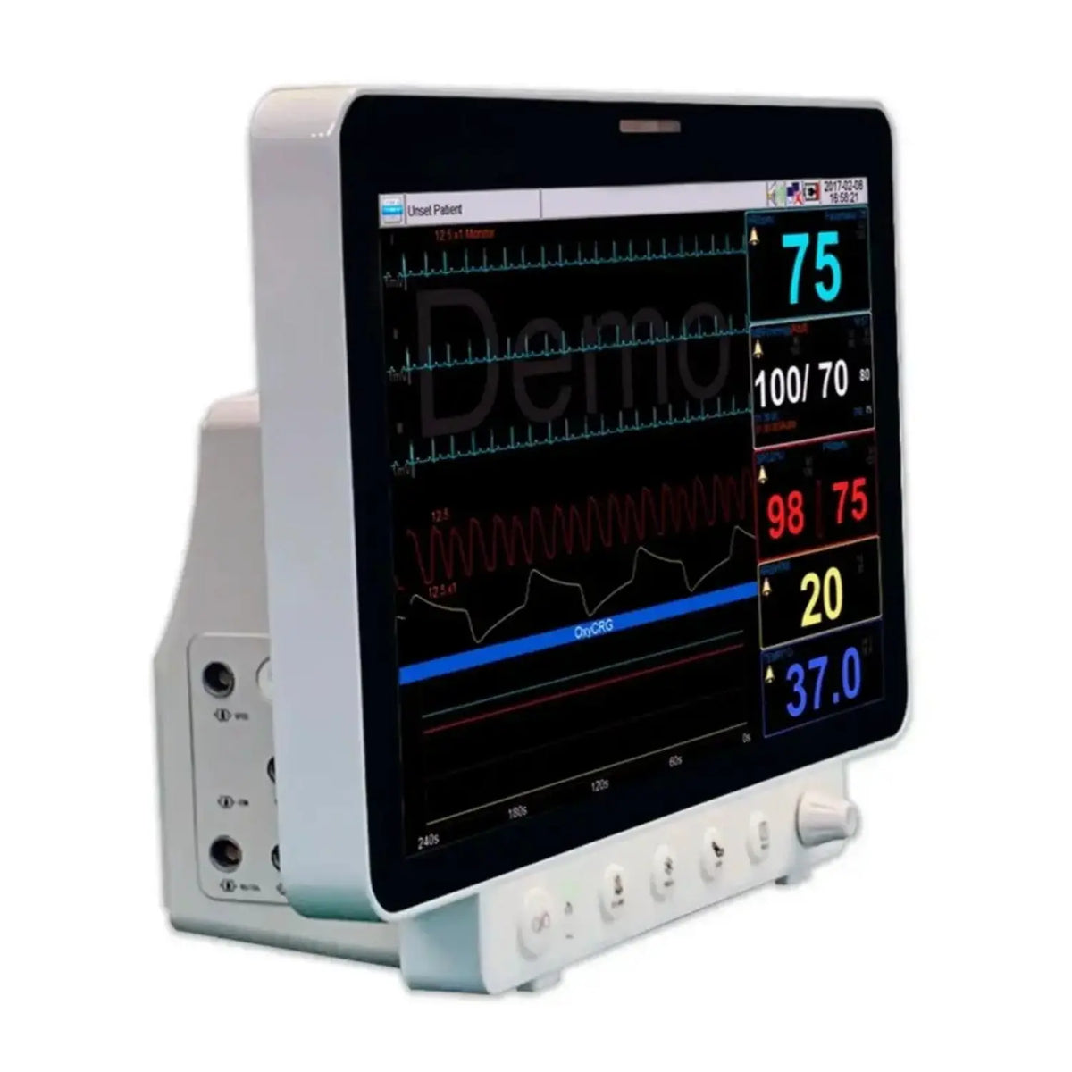 Monitor para paciente de 17 pulgadas de Beracah Médica, con pantalla y cables de monitoreo para múltiples parámetros vitales.
