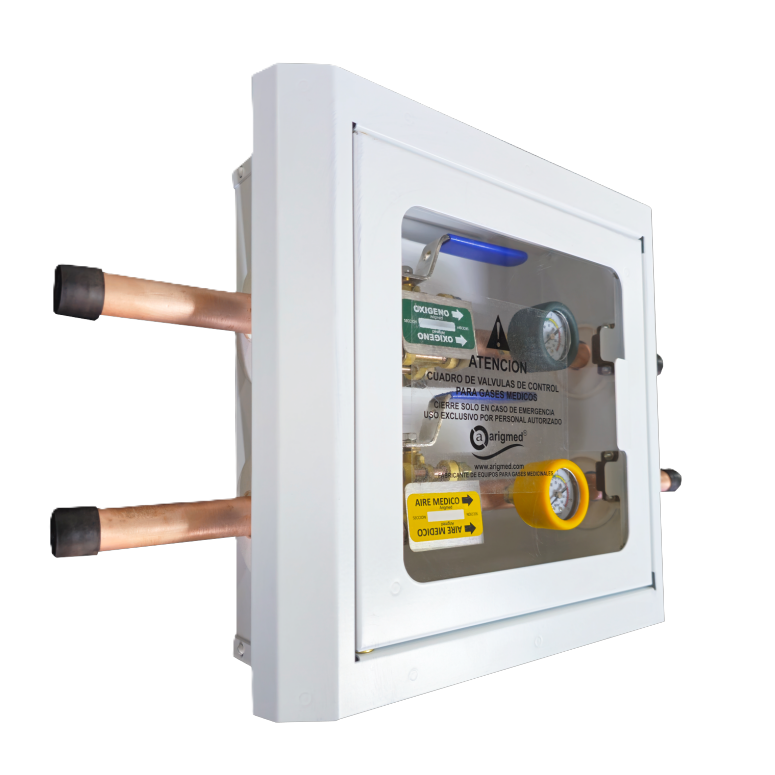 Caja de seccionamiento con 5 valvulas aire, CO2, N, evacuacion de gases, y vacio, embutible en pared con gabinete de acero galvanizado y manómetros