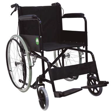 Silla de ruedas fija de 18 pulgadas negra de la marca Beracah Médica con frenos y estructura resistente.