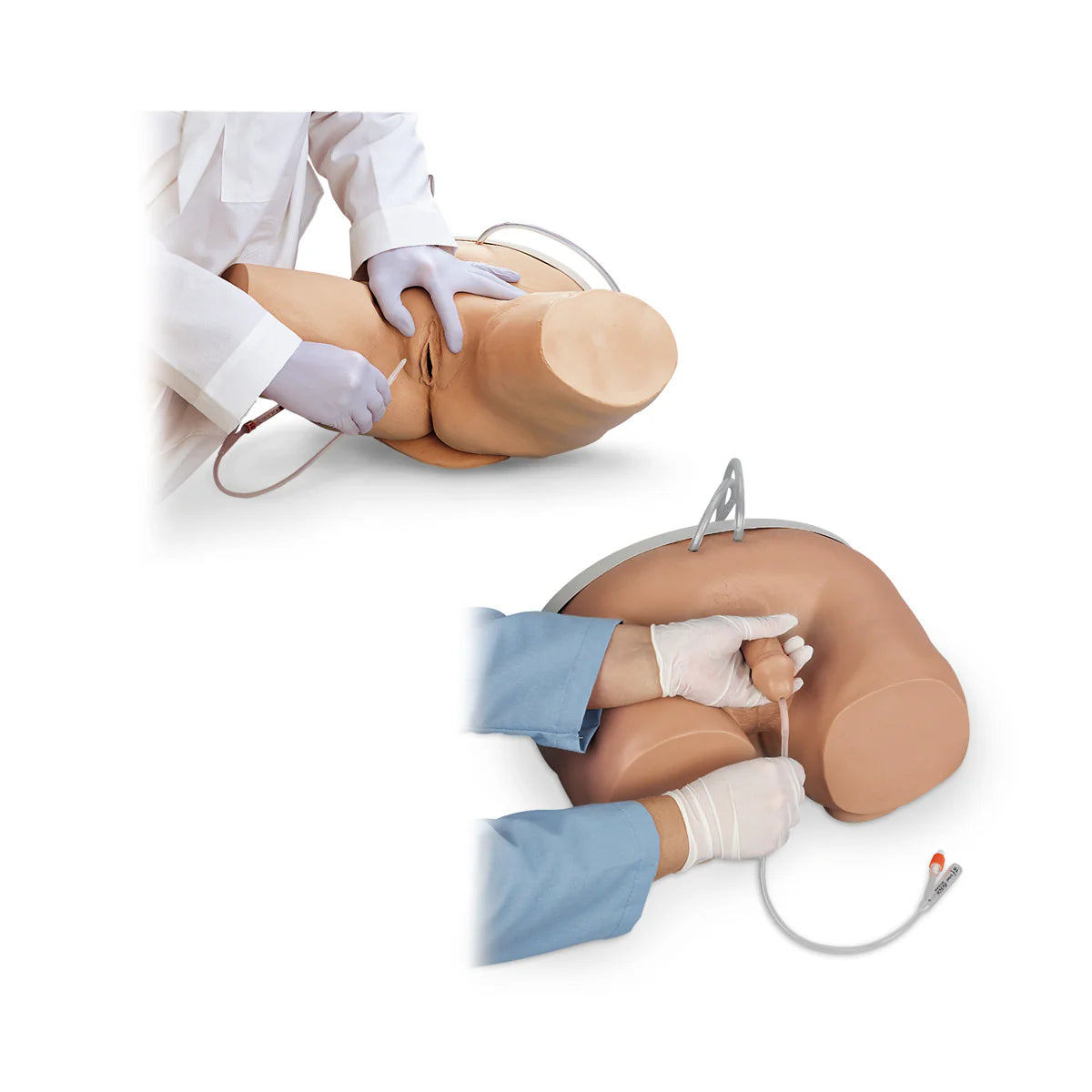 Simuladores de cateterismo masculino y femenino de Beracah Medica para entrenamiento, con modelos realistas y accesorios.