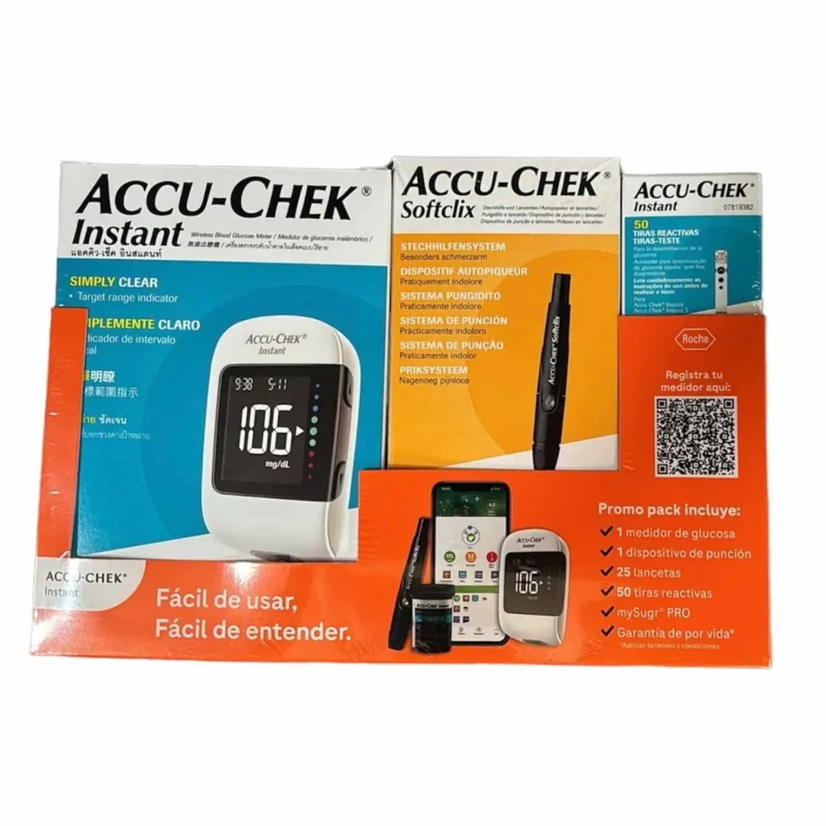 Glucometro Accu-Check Instant Softclix de Beracah Medica con 50 tiras, dispositivo para medir niveles de glucosa en sangre.