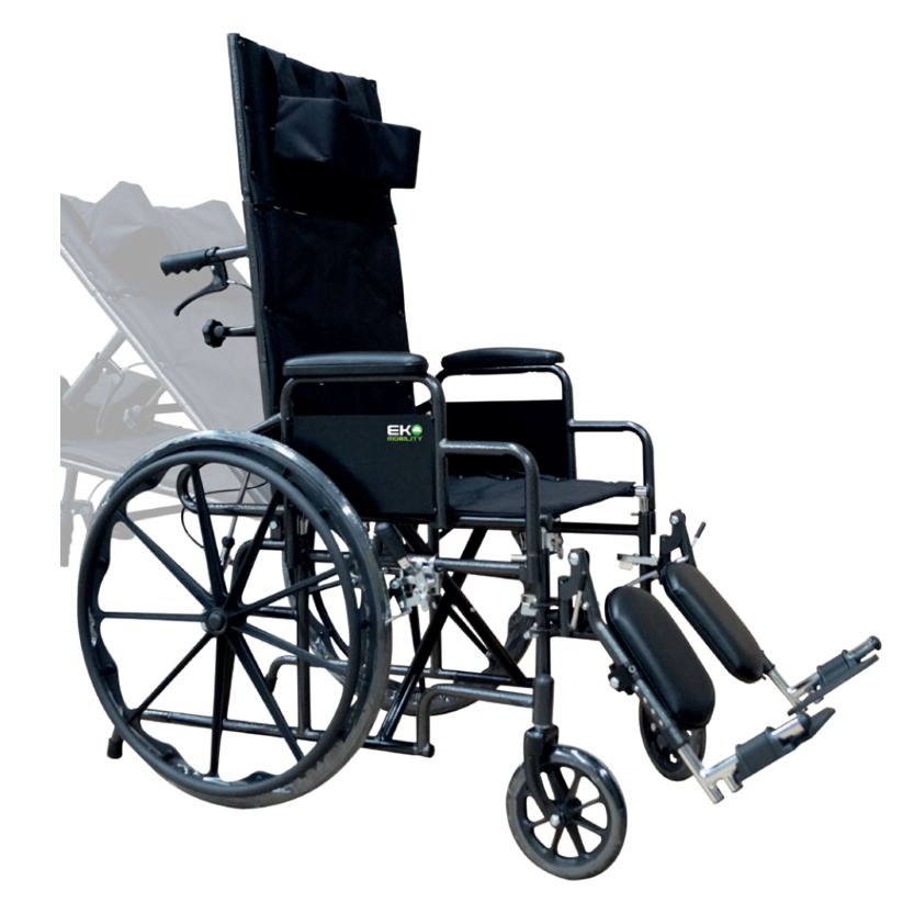 Silla de ruedas reclinable de acero de 18 pulgadas en color plata, con respaldo ajustable y ruedas robustas de Beracah Medica.