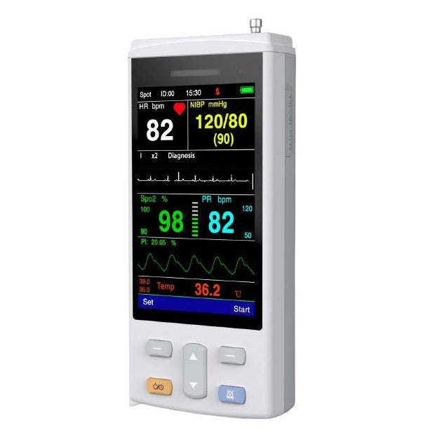 Monitor portátil para signos vitales MiniBalam de Beracah Médica con pantalla de 3.5", SpO2, temperatura, PANI y ECG.