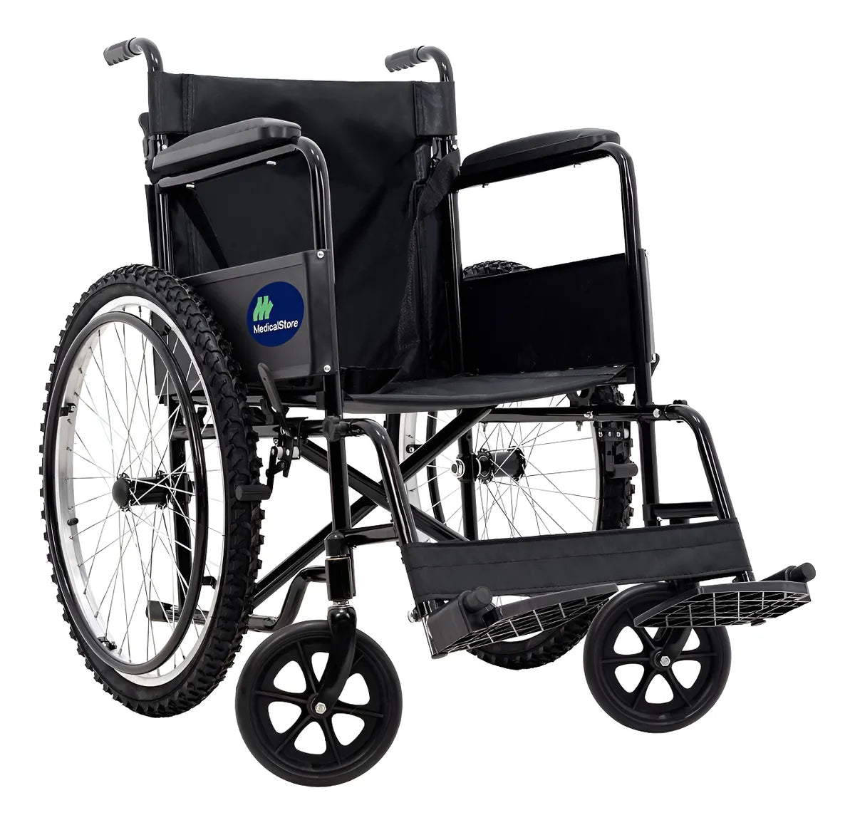 Silla de ruedas neumática todo terreno Beracah Medica con soporte hasta 110 kg, diseñada para movilidad en terrenos difíciles.