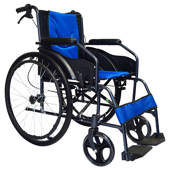 Silla de ruedas deportiva de aluminio de 18 pulgadas en color azul, fija y ligera de la marca Beracah Medica.