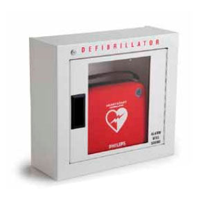 Gabinete para desfibrilador HS1 con alarma de Beracah Medica, resistente y fácil de instalar en áreas de emergencia.