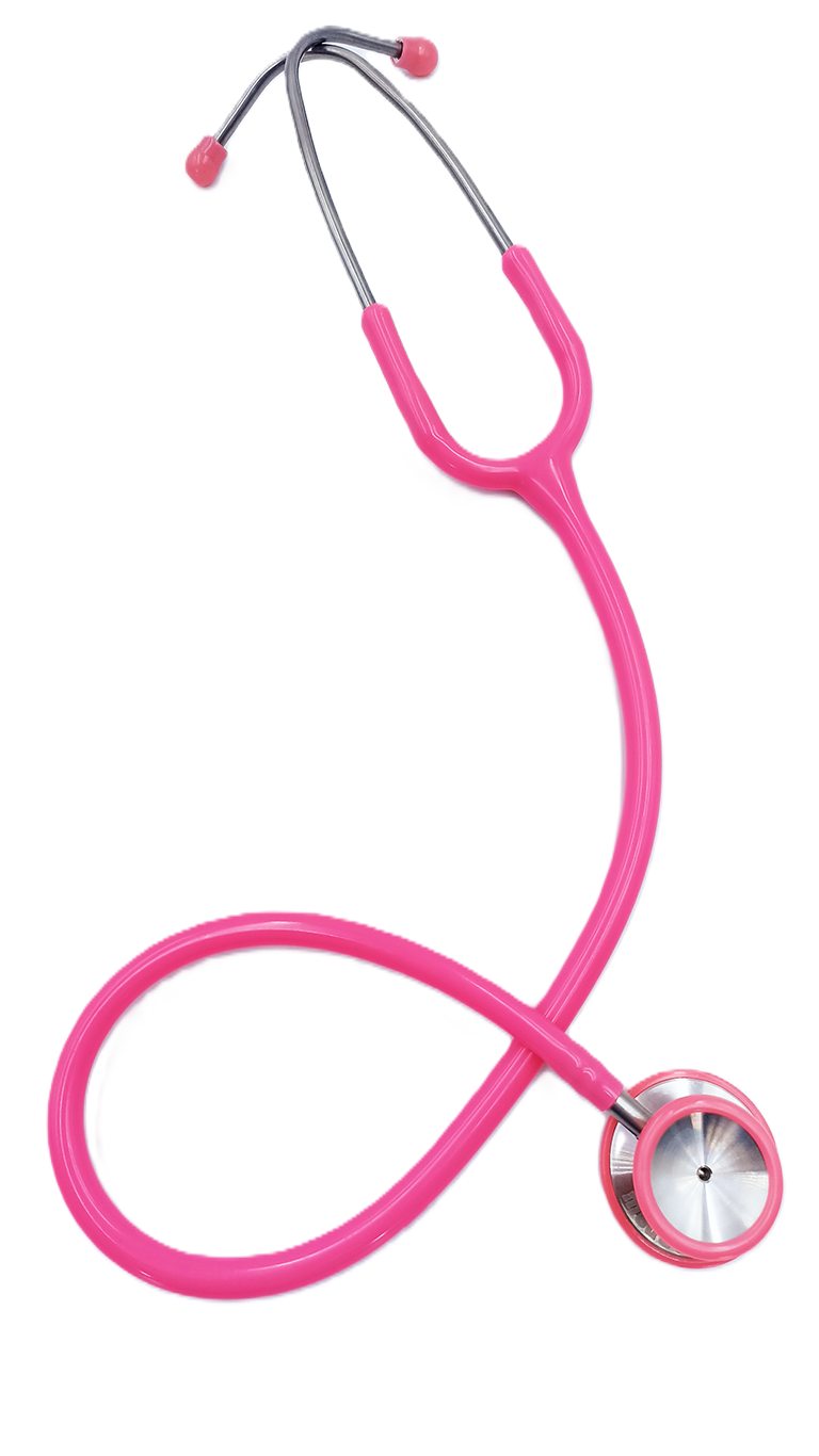 Estetoscopio doble campana deluxe color rosa de Beracah Medica, ideal para adultos, visible en la imagen con detalles en rosa y doble campana
