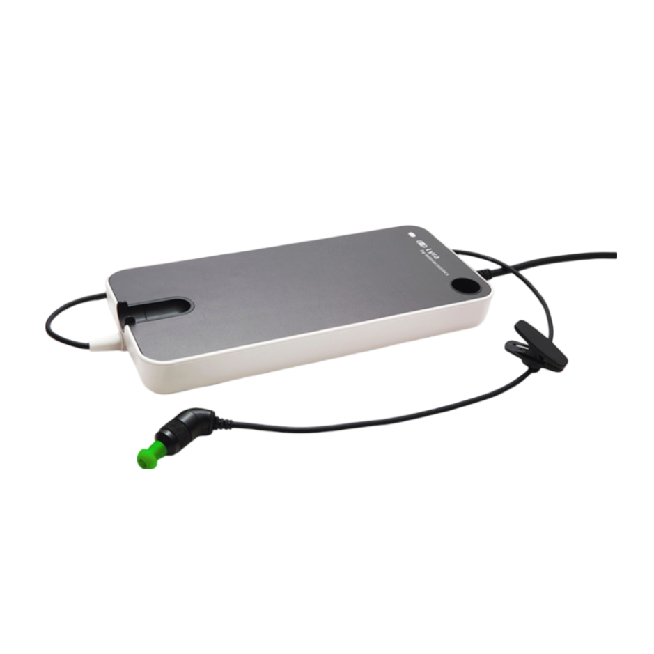 Audiómetro portátil Beracah Médica Lyra Suite IA para medición de emisiones otoacústicas DPOAE y TEOAE, mostrador con pantalla y cables