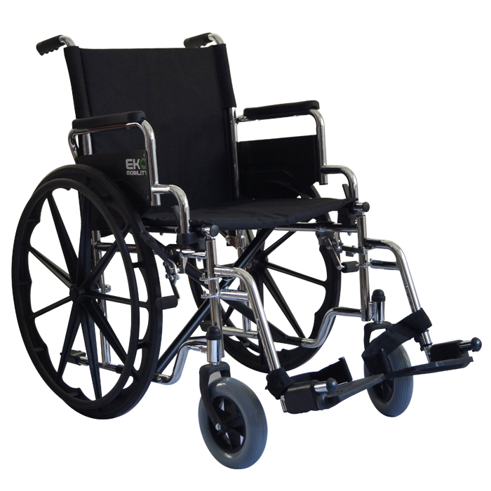 Silla de ruedas estándar de 19 pulgadas con acabado cromado y descansapies removibles, marca Beracah Medica.