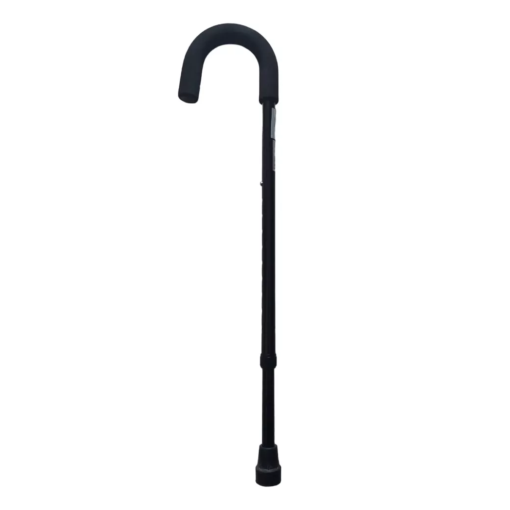 Bastón de aluminio con mango curvo negro de la marca Beracah Medica, diseñado para soporte y estabilidad.