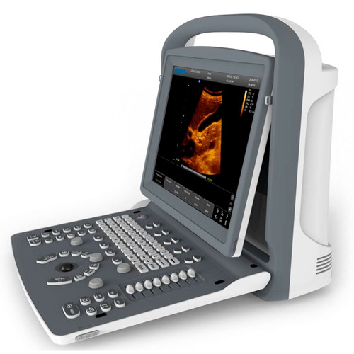 Ultrasonido portátil Beracah Medica de 12" modelo ECO2 con dos transductores, pantalla y controles visibles.