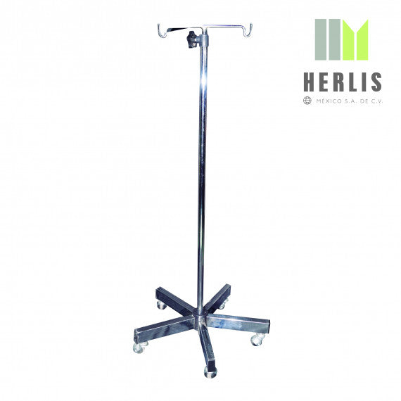 Porta sueros MSI de acero inoxidable con base rodable y cinco apoyos, ideal para venoclisis, marca Beracah Medica.