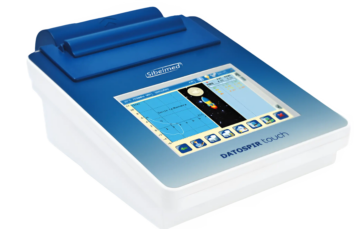 Espirómetro Datospir Easy T de Beracah Medica, con pantalla y conexiones, utilizado para pruebas de función pulmonar.