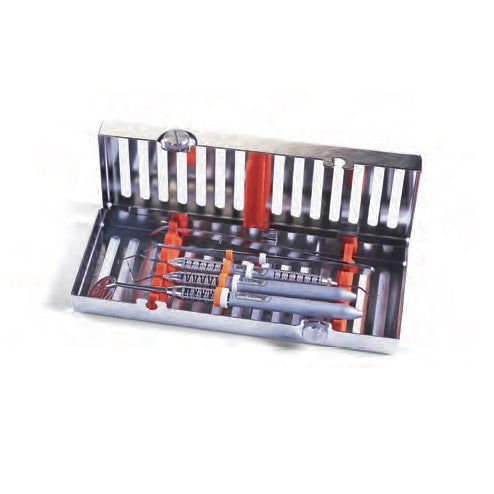 Casete de examen dental Beracah Medica con 5 instrumentos, tamaño 76x203x32 mm, para procedimientos odontológicos.