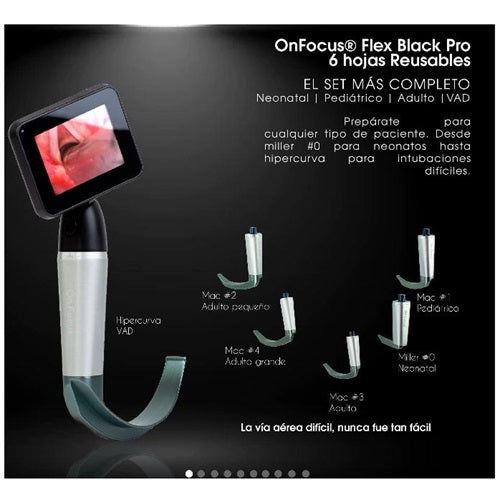 Videolaringoscopio portátil Beracah Medica Flex Black Pro con 6 hojas reusables y pantalla digital para examen de vías respiratorias.