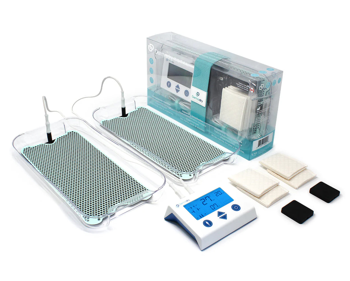 Dispositivo de iontoforesis Dermadry Total de Beracah Medica para sudoración excesiva en manos, pies y axilas.