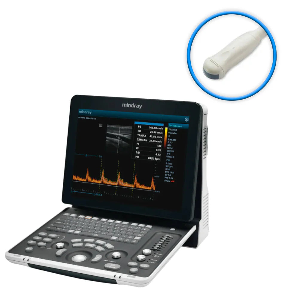 Ultrasonido veterinario portátil Beracah Medica DP50 con transductor microconvexo para diagnósticos animales.