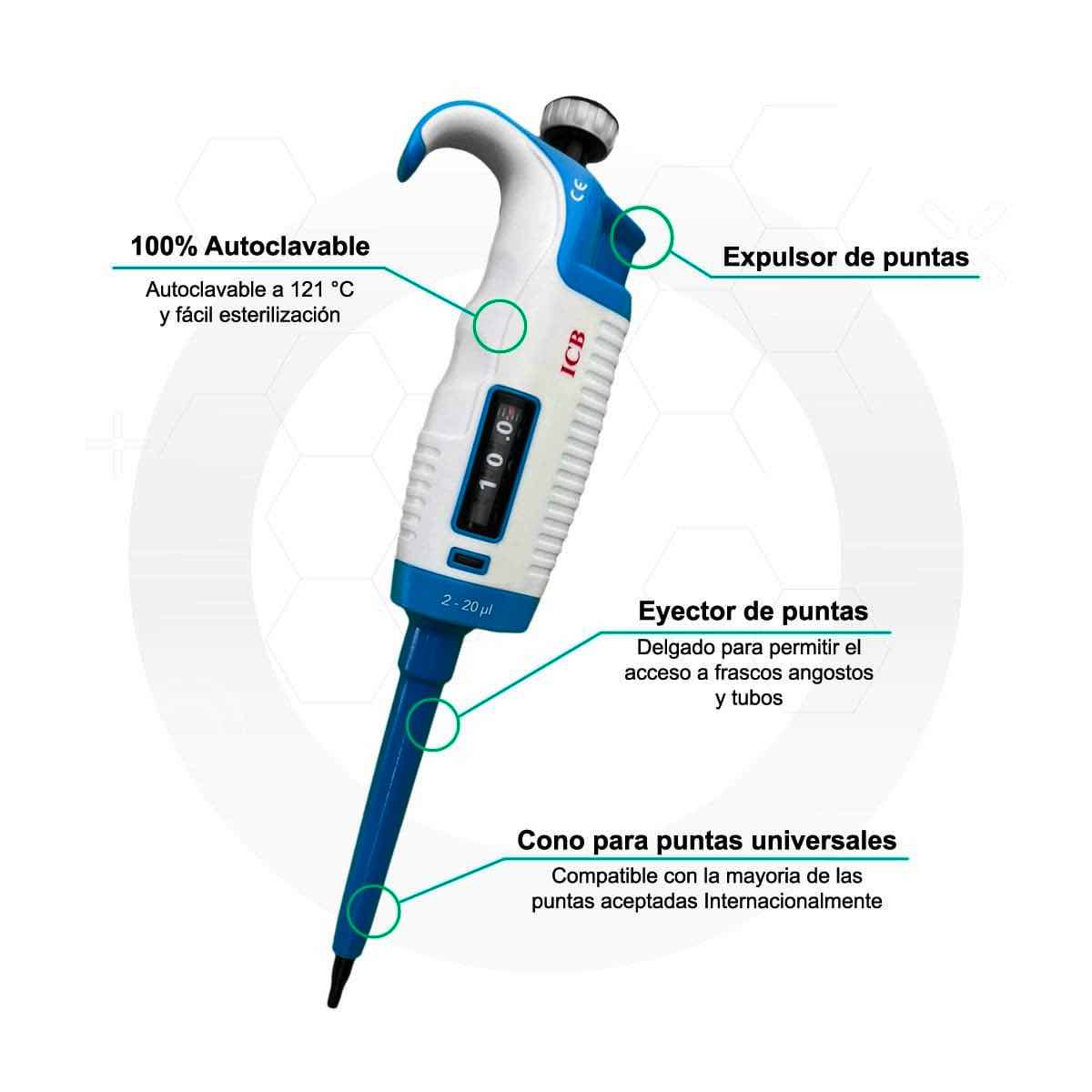 Micropipeta de volumen variable Beracah Medica de 2-20ul para medición precisa en laboratorio.