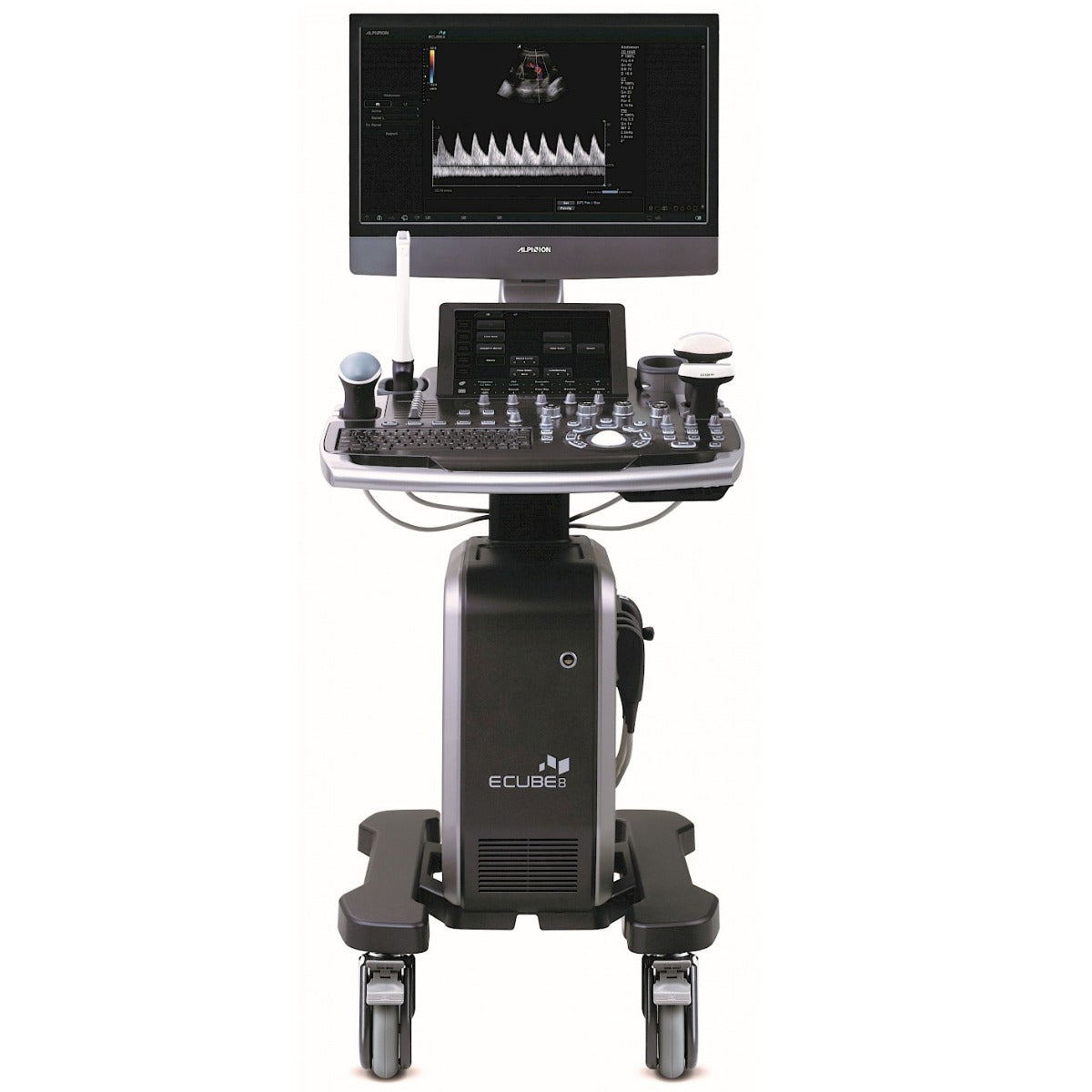 Ultrasonido de gabinete Beracah Medica E-Cube 8 2D/4D con 4 transductores lineal, volumen, abdomen y vaginal, en uso en clínica.